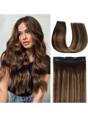 Invisible Wire Hair Extensions - 12" Clip-In, Adjustable, Real Human Hair, Dark